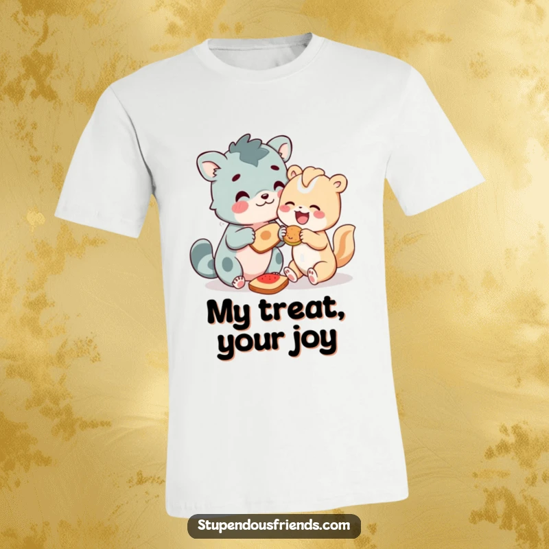 Funny T-Shirt featuring animal characters happily sharing food, promoting themes of friendship and generosity with a humorous touch.