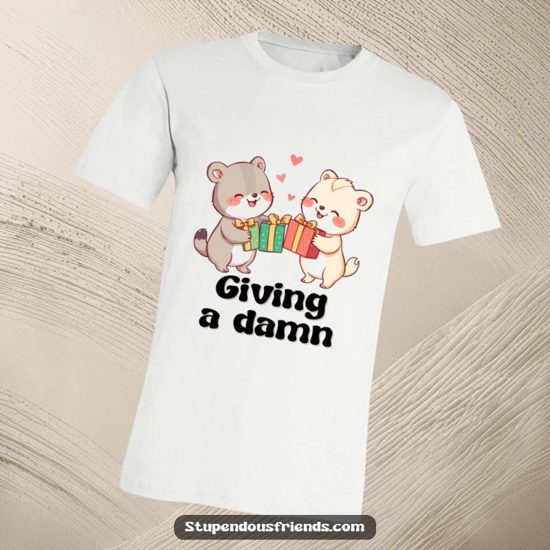 Funny animal characters joyfully exchanging brightly wrapped gifts, showcasing festive cheer and humor on this t-shirt.