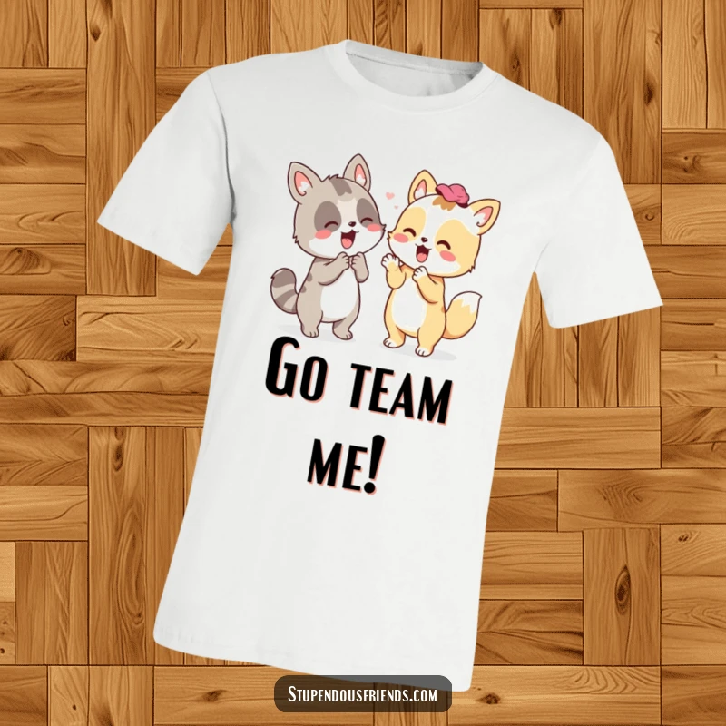 Funny t-shirt featuring an animal character giving enthusiastic cheers and support to another, highlighting encouragement and positivity.