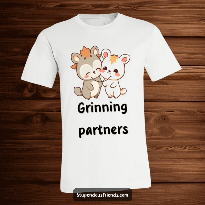 Funny animal friends t-shirt, two characters sharing a huge smiley face, symbolizing happiness, friendship, and togetherness.