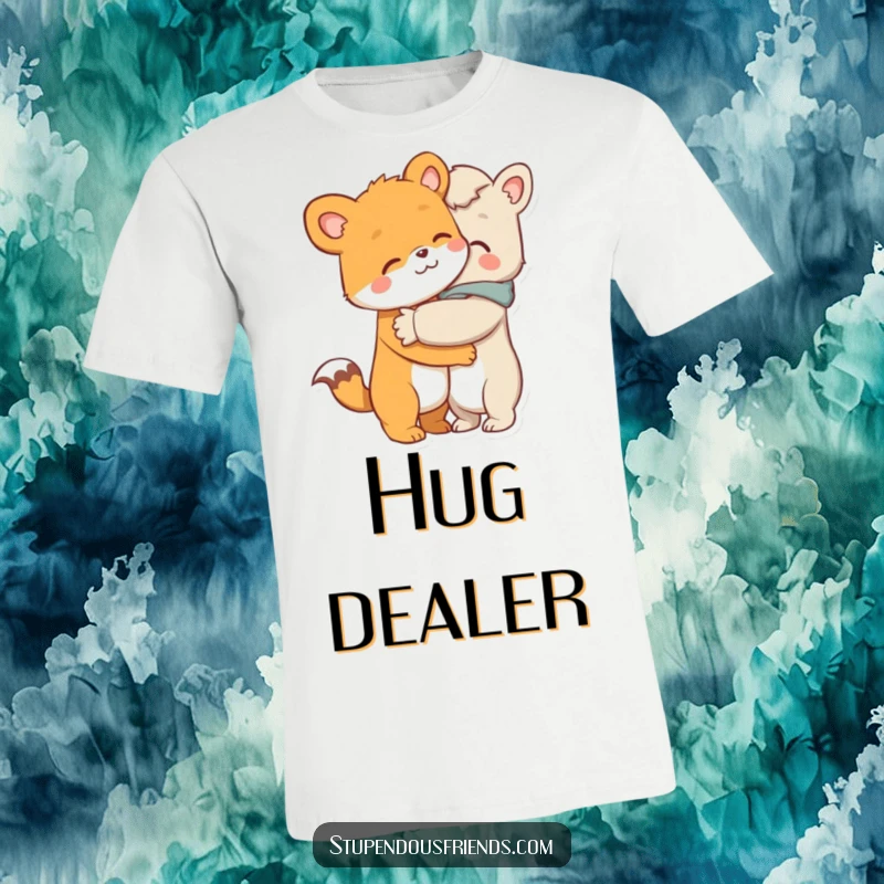 Funny t-shirt depicting one animal character giving a warm, comforting hug to another, celebrating friendship and affection.