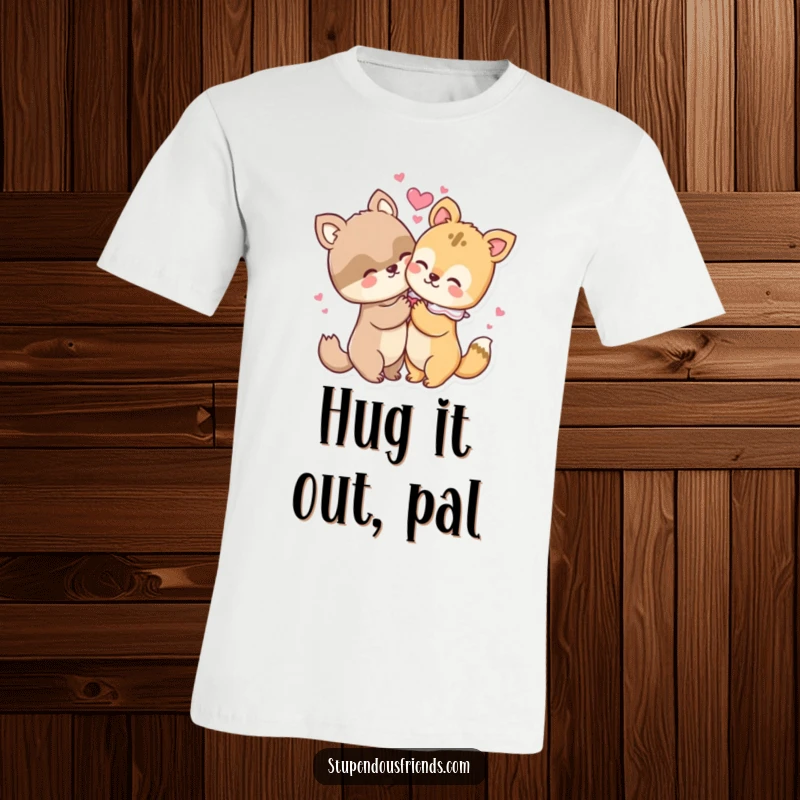 Funny t-shirt showing two friendly animal characters in a heartfelt hug, with glowing hearts symbolizing their bond.