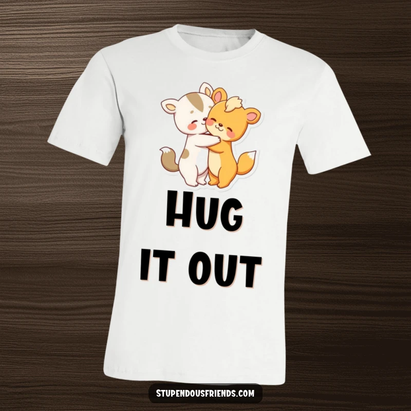 Funny T-shirt featuring two charming animal characters giving each other a warm, heartfelt hug.