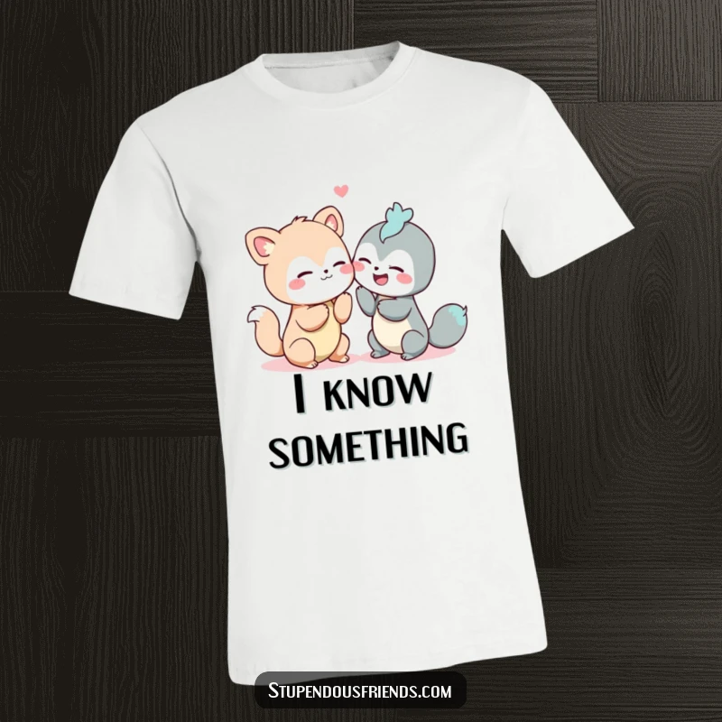 Funny t-shirt featuring two animals in a close huddle, whispering secrets and sharing infectious giggles.