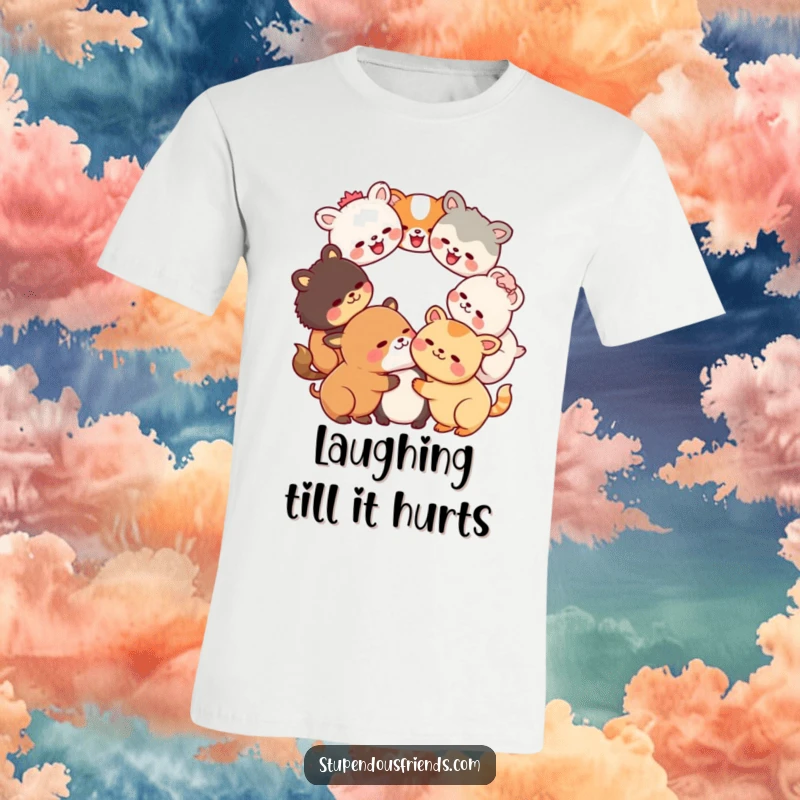 Funny Kawaii animals in a laughing circle on a T-shirt, a humorous design celebrating friendship and joy, ideal for gifting.