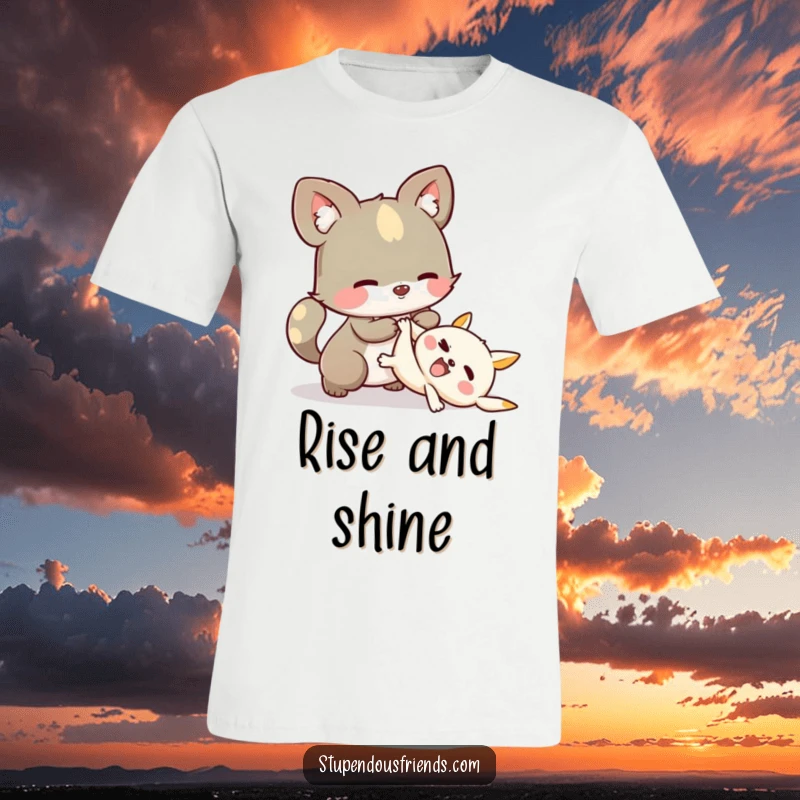 Funny T-Shirt: A charming animal character assisting another character up, symbolizing mutual support and playful friendship.