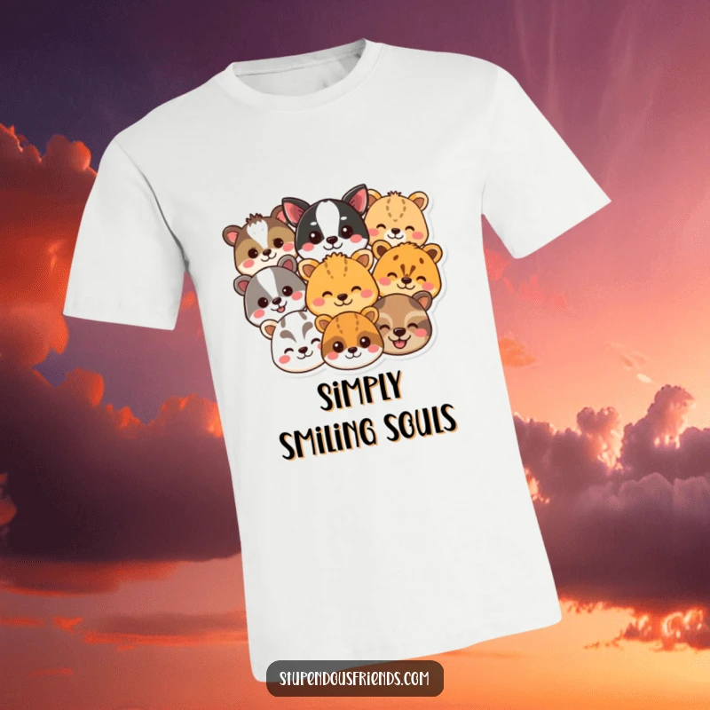 Funny animal smile t-shirt showcasing a vibrant collection of happy animal heads, radiating pure delight and fun. Ideal funny gift.