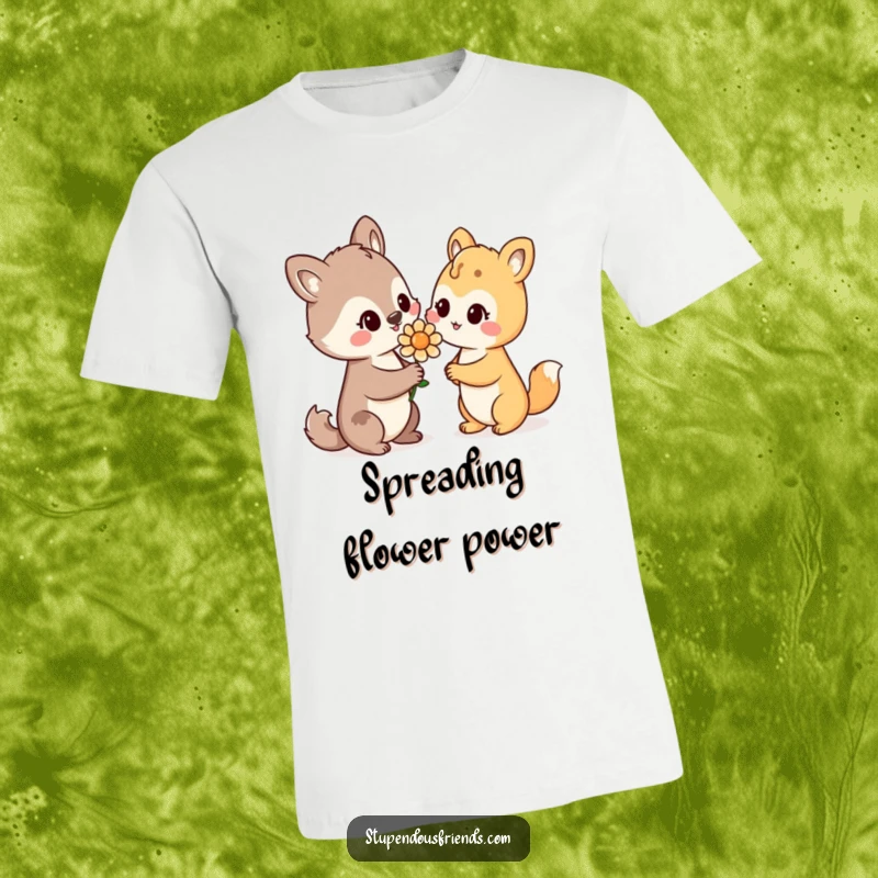 Funny T-Shirt: An animal with a warm smile offers a flower to another, embodying sweetness and thoughtful gestures.