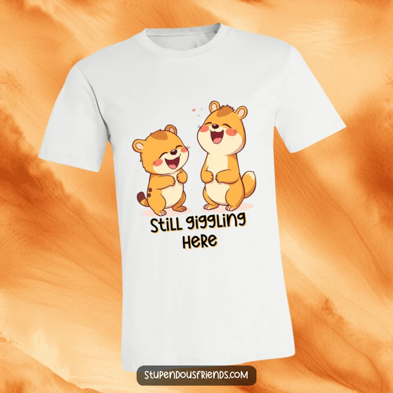 Funny t-shirt depicting two animals roaring with laughter from a shared joke, capturing contagious amusement and friendship.