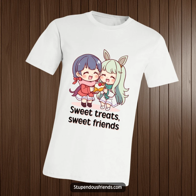 Funny T-Shirt: A character offers a yummy treat to a happy, smiling friend. This funny design embodies kindness and shared joy.