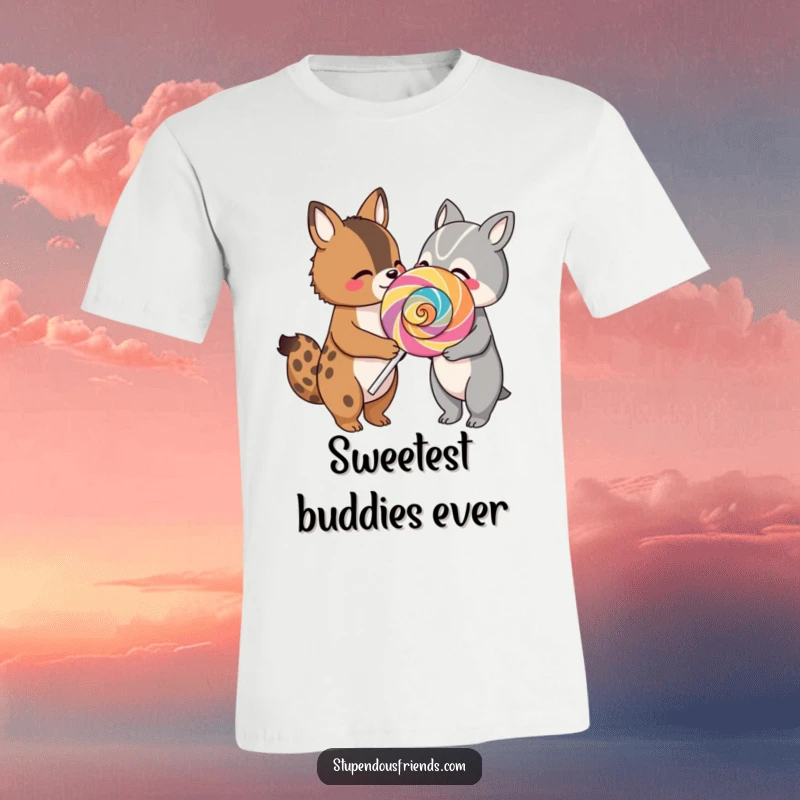 Funny t-shirt depicting two cheerful animal characters happily sharing an oversized, brightly colored lollipop, representing sweet companionship.