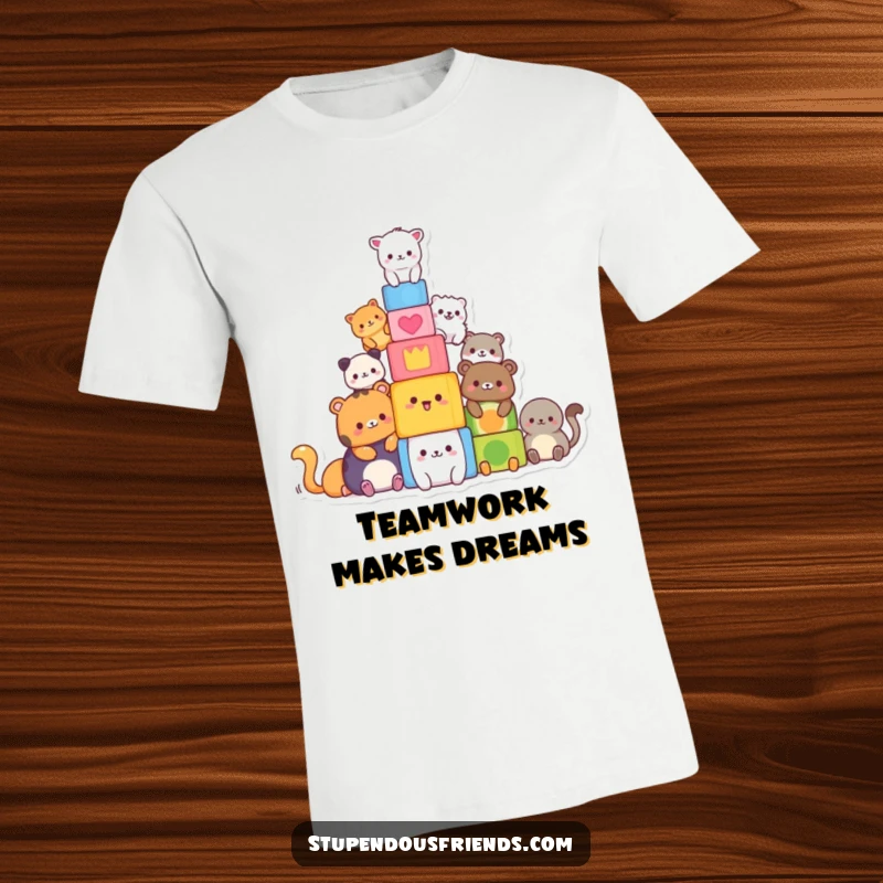 Funny t-shirt with diverse animals stacking colorful blocks, illustrating teamwork and fun. Ideal funny gift.