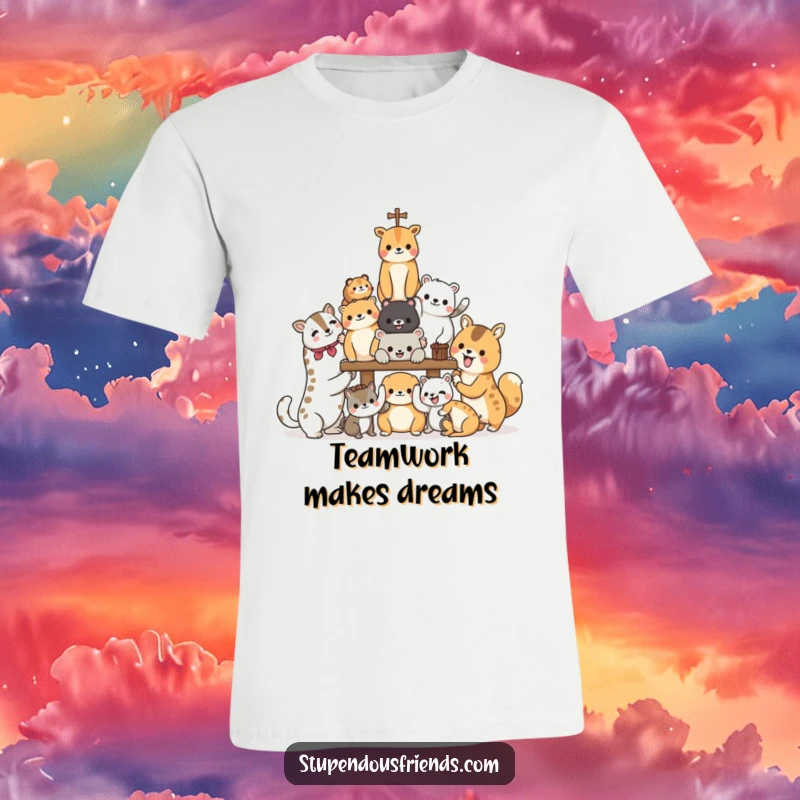 Funny T-Shirt with animal characters joyfully building a structure, highlighting teamwork and shared effort in a humorous design.