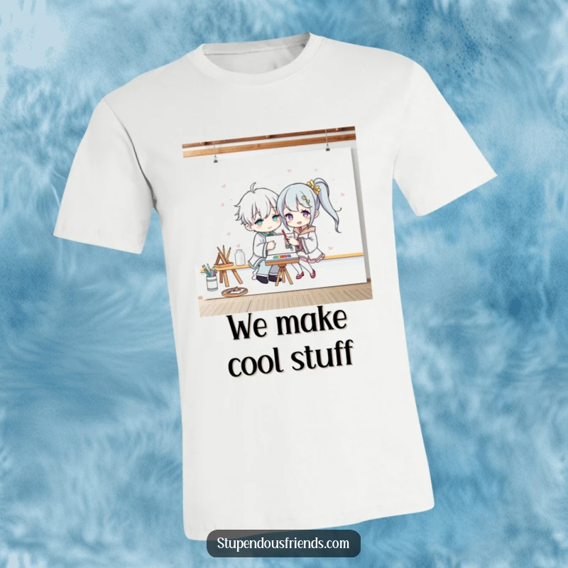 Funny t-shirt featuring two characters enthusiastically painting a large canvas together, showcasing a fun artistic partnership and shared joy.
