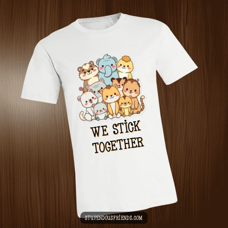 Funny t-shirt featuring a group of diverse, smiling animal characters snuggled together, promoting themes of unity and friendship.