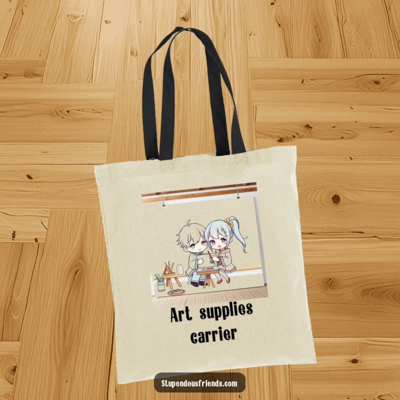 Funny tote bag illustrating two characters happily painting on a huge canvas, a symbol of creative collaboration and humorous artistic endeavors.
