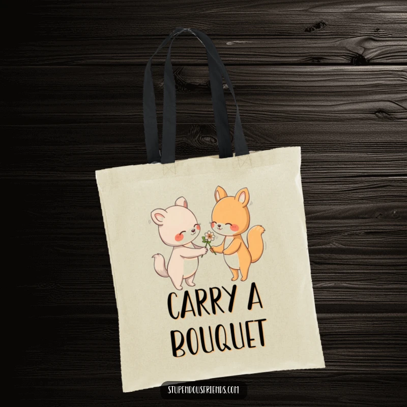 Funny tote bag featuring an animal character gently handing a flower to another with a friendly gesture, symbolizing kindness on the go.