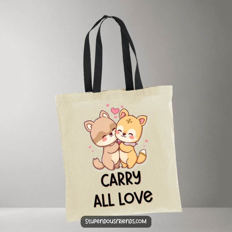 Funny tote bag illustrating two adorable animals in a loving hug, hearts radiating outwards to spread warmth and joy.