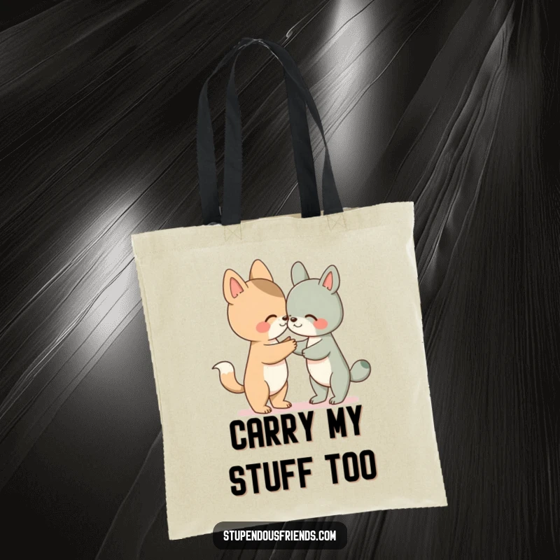 Funny tote bag showing an animal character offering a helpful paw to a friend, perfect for errands and spreading cheer.