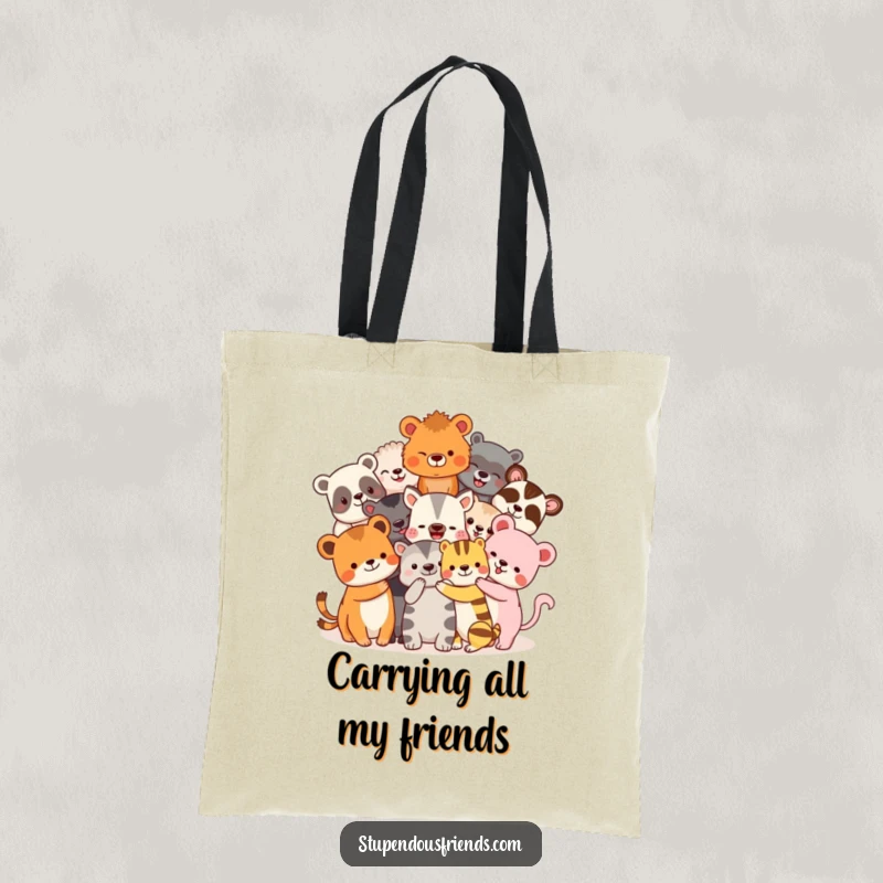 Funny Tote Bag: Diverse animal friends express pure joy in a giant, loving hug. This practical and funny tote is perfect for errands.