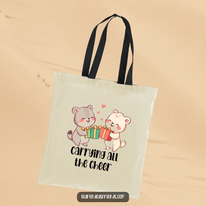 Funny animal characters joyfully exchanging brightly wrapped gifts, featured on a practical and humorous tote bag for holiday errands.