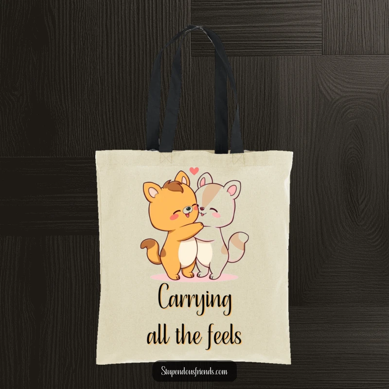 Funny tote bag showing two animals giving a big, warm hug, perfect for spreading cheer. A delightful funny gift.