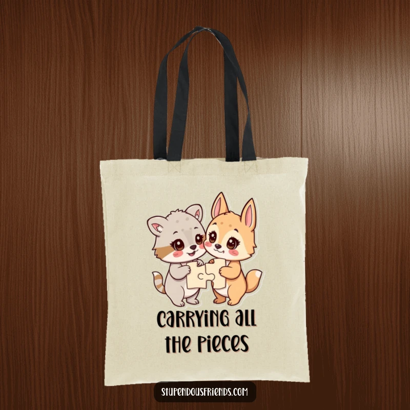 Funny tote bag with a design of animals beaming with pride after completing a jigsaw puzzle, eyes sparkling.