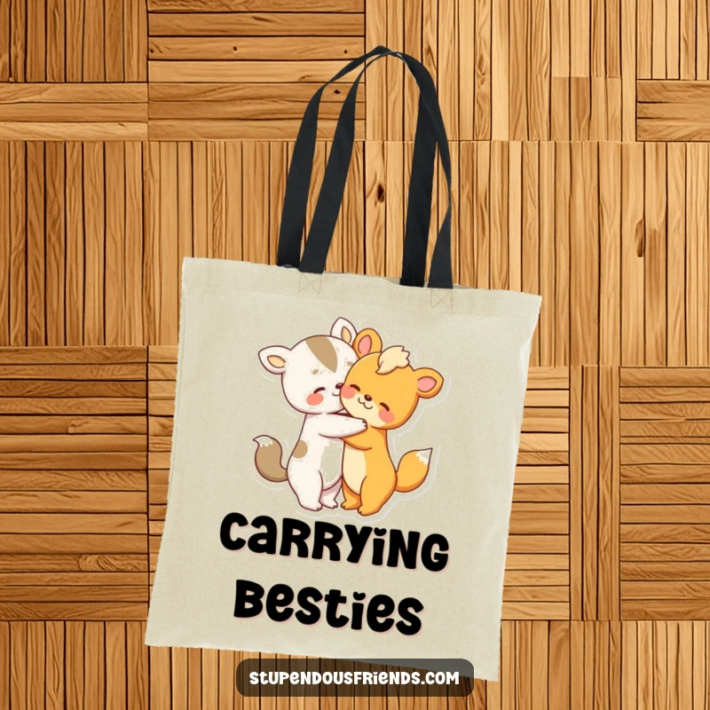 Funny tote bag featuring two adorable animal characters in a warm, loving hug.