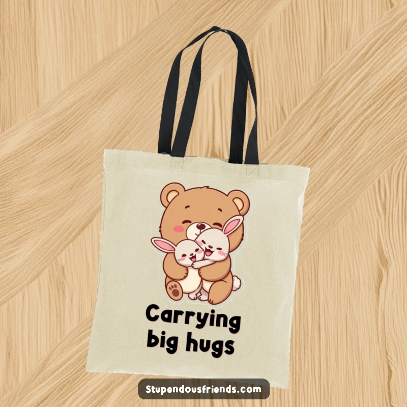 Funny bear and rabbit tote bag, depicting a bear cheerfully hugging a rabbit, symbolizing kindness and friendship.