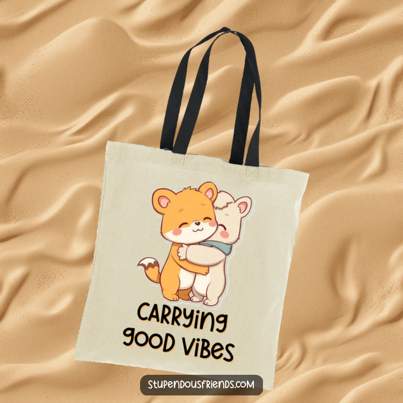 Funny tote bag, two delightful animal characters in a tight, comforting hug, symbolizing the power of friendship and warm affection.