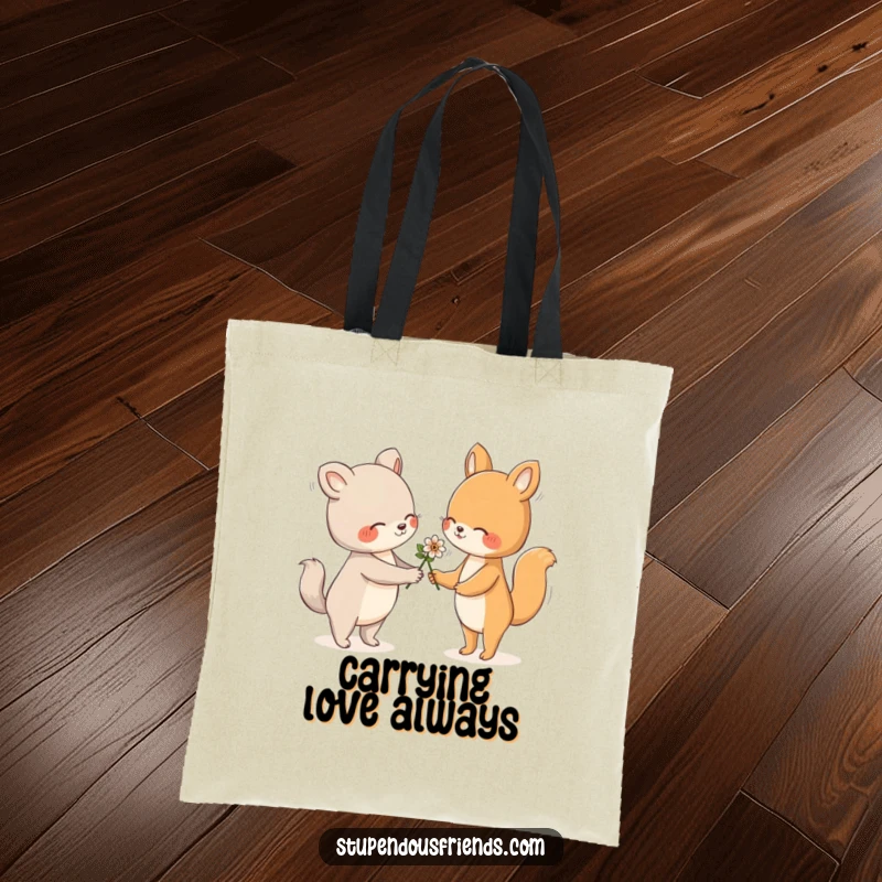 Funny Tote Bag illustrating an animal offering a flower in a tender and friendly manner, symbolizing connection.