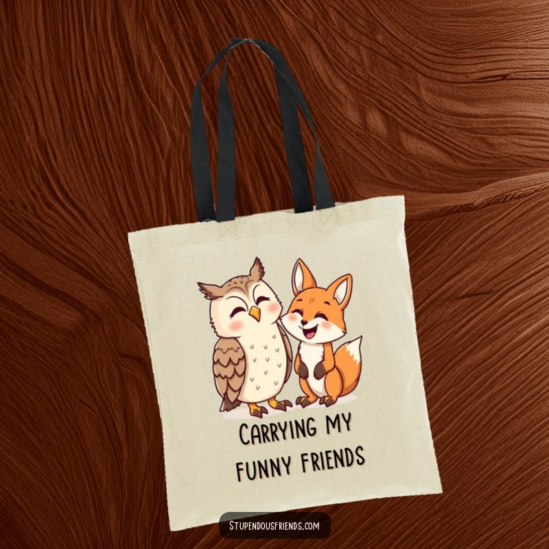 Funny tote bag with an owl and a fox in fits of laughter, ready to carry your groceries and your good mood.