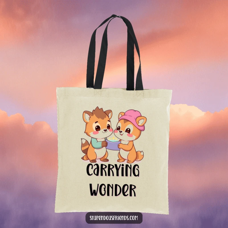 Funny tote bag featuring two animal characters looking at a shared, wondrous discovery, symbolizing excitement and shared joy.