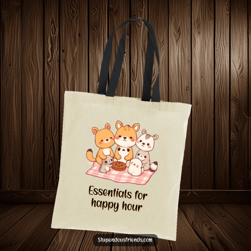 Funny tote bag depicting animals enjoying a picnic together, symbolizing togetherness and good times. A practical funny gift.