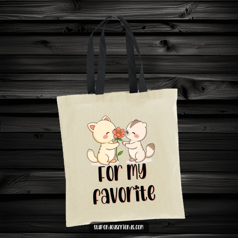 Funny tote bag depicting an animal character offering a vibrant, blooming flower to a companion, symbolizing kindness and thoughtful gestures.