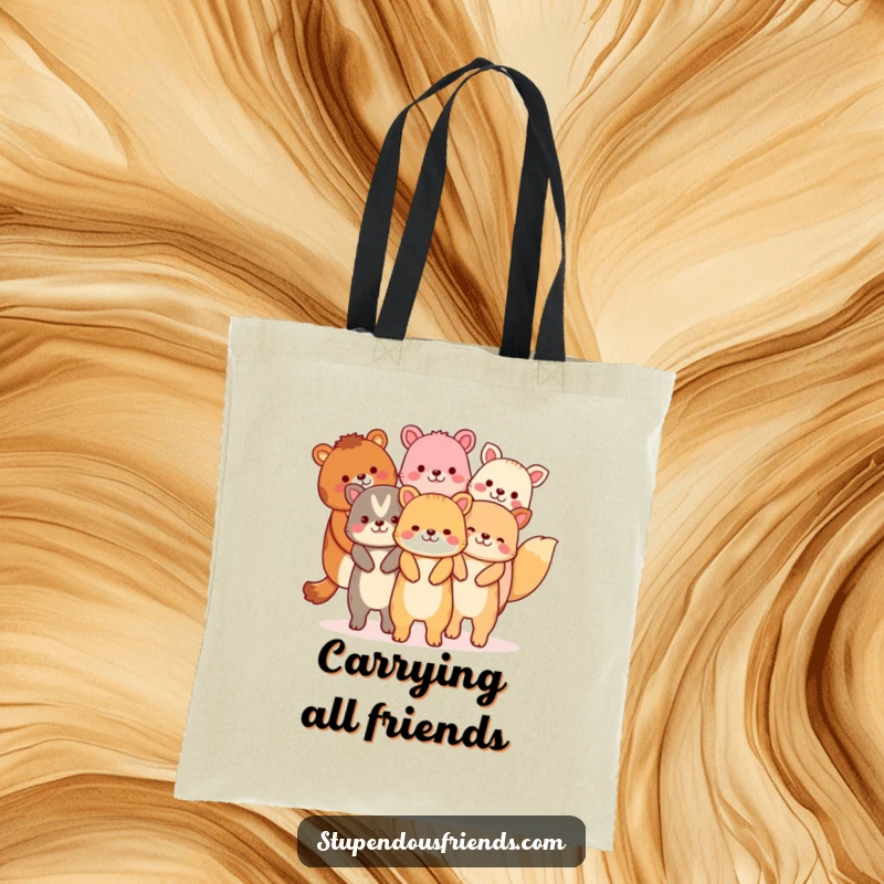 Funny tote bag illustrating a delightful chain of animals holding hands, ready to carry your day with smiles.