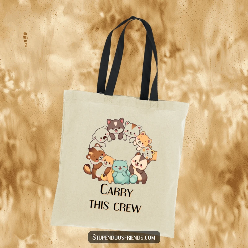 Funny tote bag featuring a circle of diverse, smiling animal characters holding paws, ideal for carrying items with a smile.