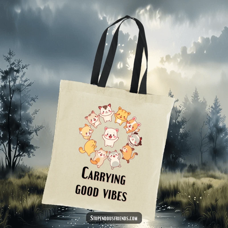 Funny Tote Bag: A circle of happy animals dancing energetically, conveying pure delight, a practical and funny gift.