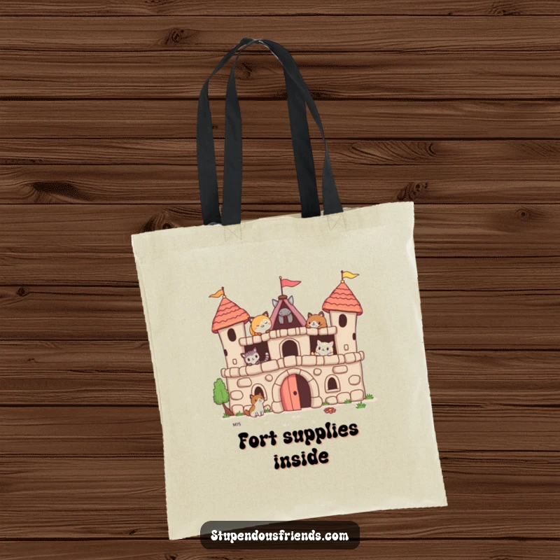 Funny tote bag depicting various animal friends joyfully building a whimsical fort, perfect for carrying treasures and essentials.