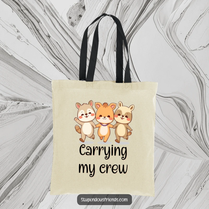 Funny tote bag illustration of multiple animal characters linked hands, skipping with immense joy and laughter.