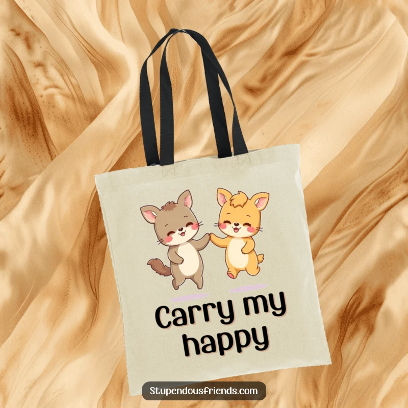 Funny tote bag illustrating two cute animal characters joyfully skipping together, holding paws in a heartwarming display of friendship.
