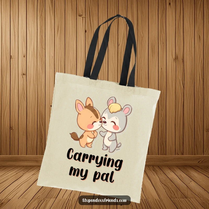 Funny tote bag featuring an animal character gently nudging a friend with its nose, a heartwarming symbol of connection.
