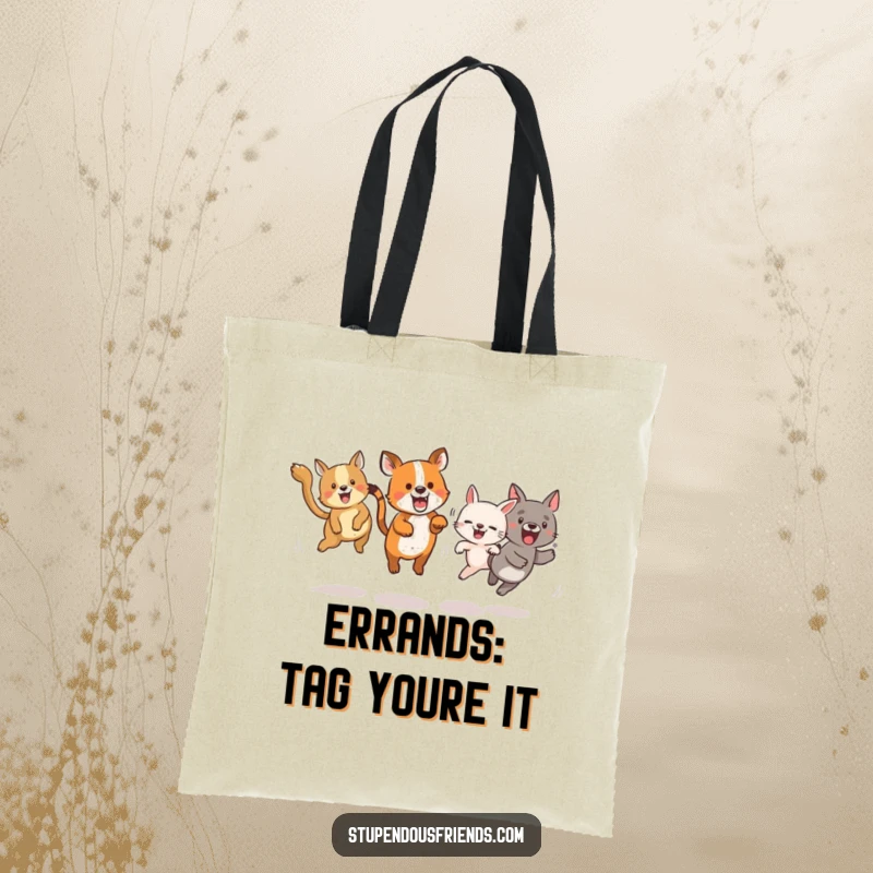 Funny tote bag depicting animals energetically playing tag, ready to carry your day with smiles and fun.