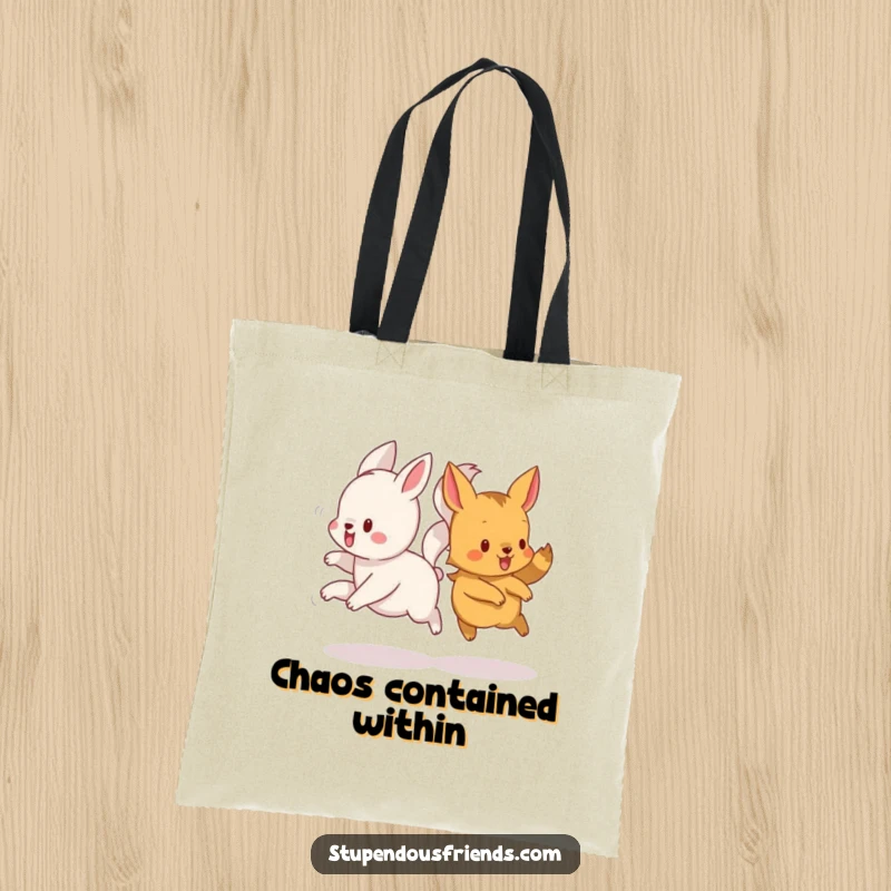 Funny tote bag featuring lively animals in motion, their tails intricately intertwined, ready for any adventure.