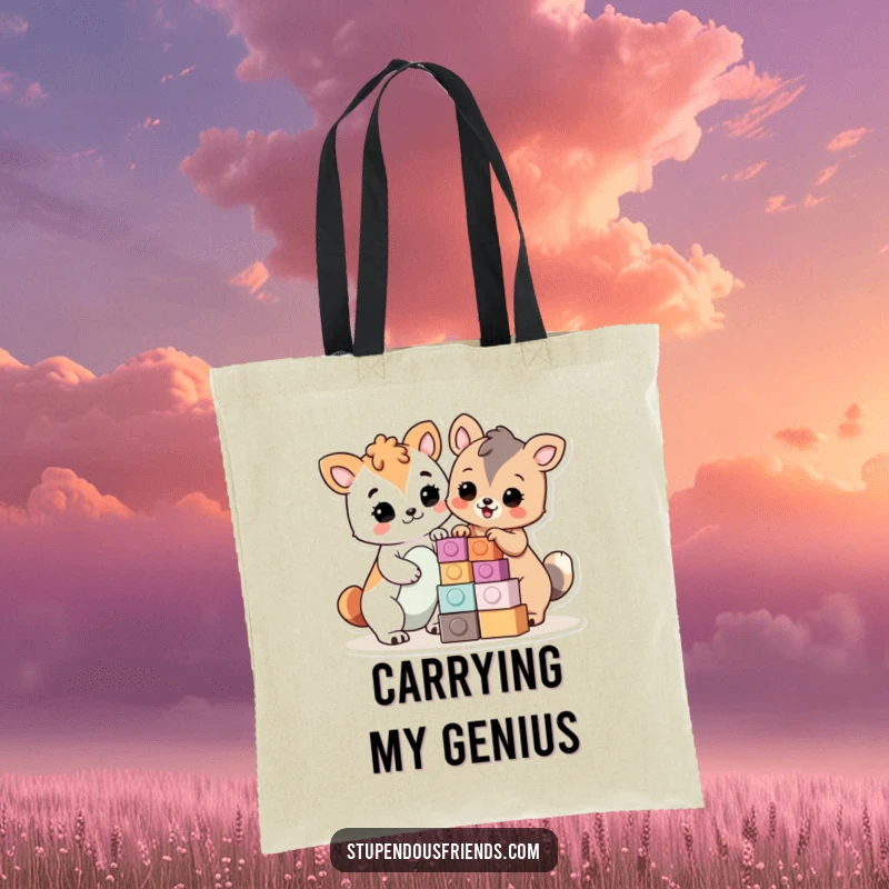 Funny Tote Bag: Animals proudly building with blocks, celebrating creation and teamwork, a practical funny gift.