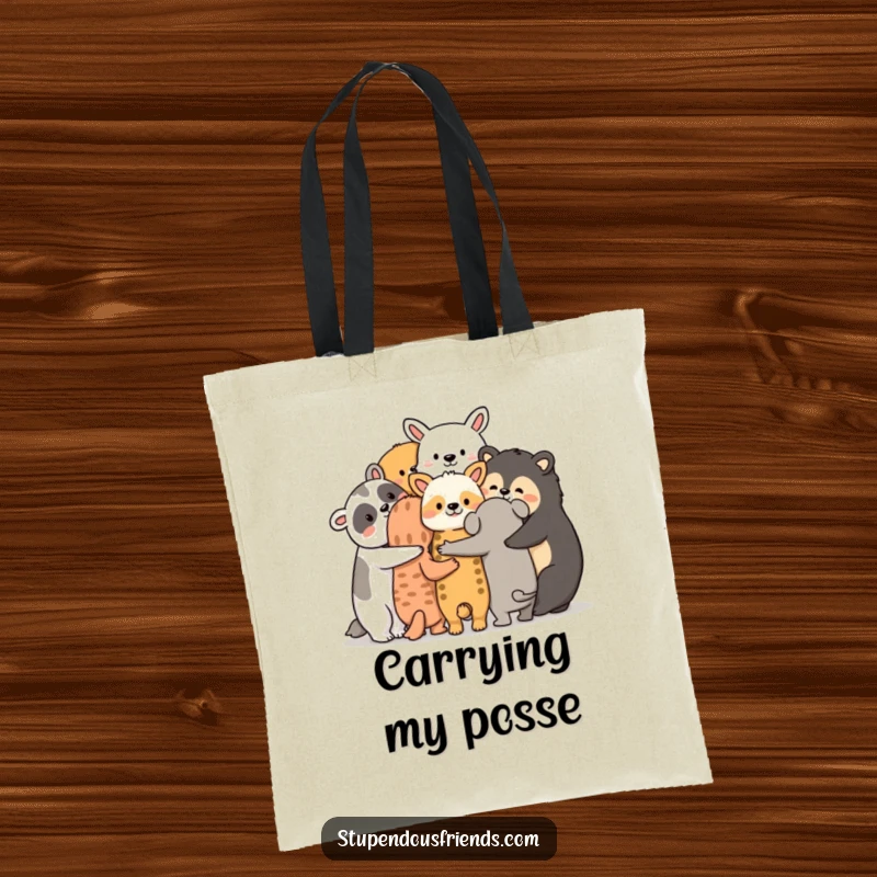 Funny animal friends tote bag, a group huddled together with arms around each other, symbolizing friendship and support.