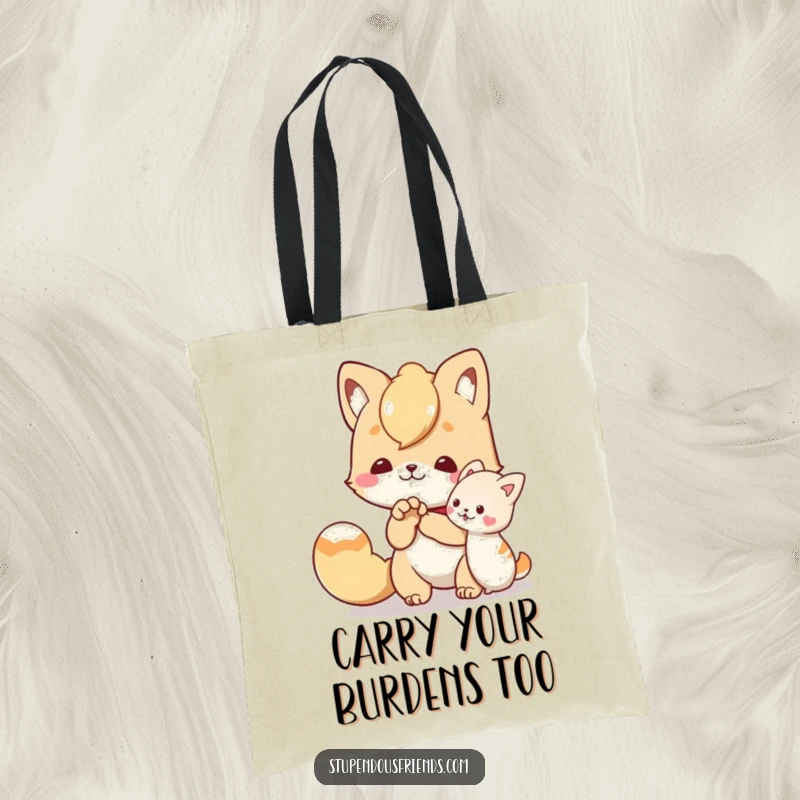 Funny tote bag featuring a character offering a helping paw to a friend, perfect for carrying items with a humorous, supportive message.