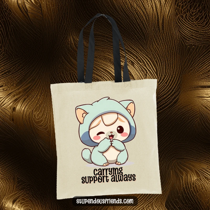 Funny Tote Bag with a character offering a paw to help another, perfect for carrying items with a message of support.