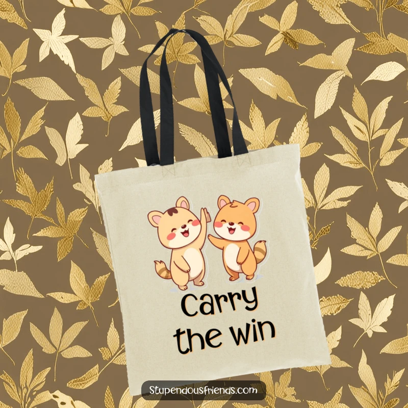 Funny Tote Bag: Two cheerful animal characters giving each other a high five, symbolizing shared success and joy.