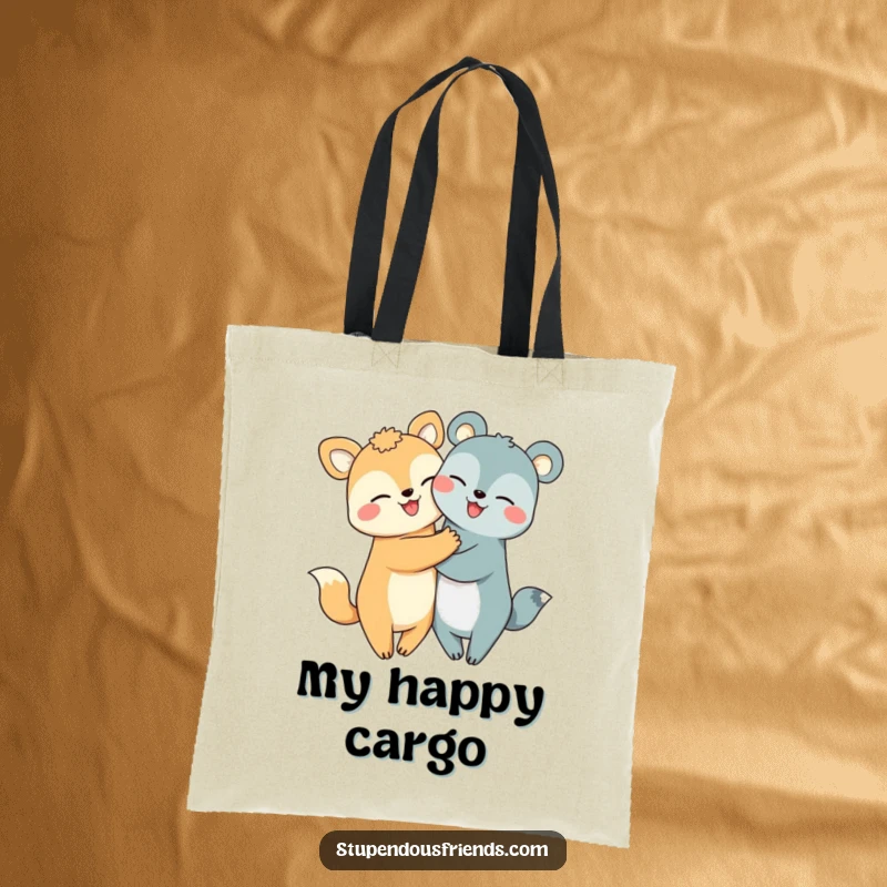 Funny hugging animals tote bag showcasing two cheerful creatures in a loving embrace, perfect for carrying smiles.